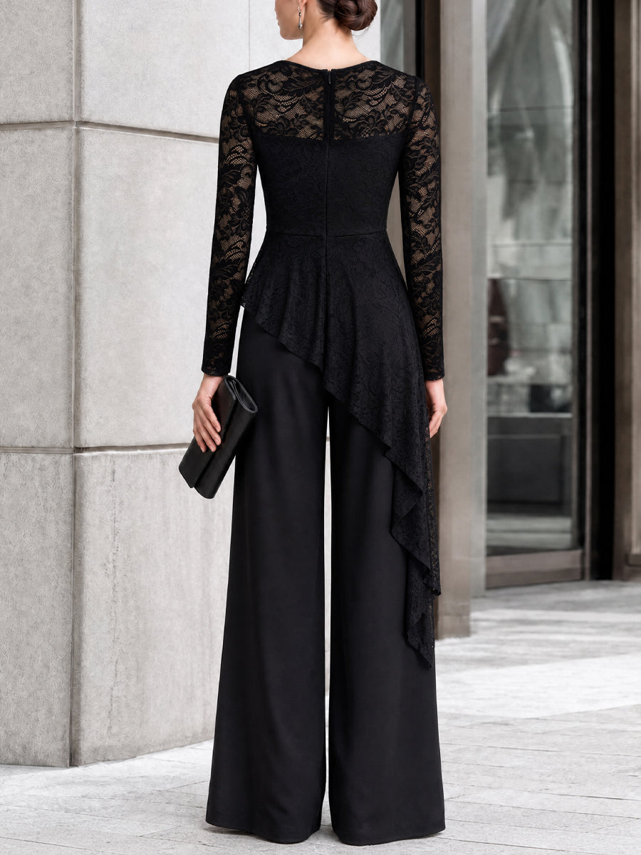 Lace Overlay Asymmetric Wide-Leg Jumpsuit
