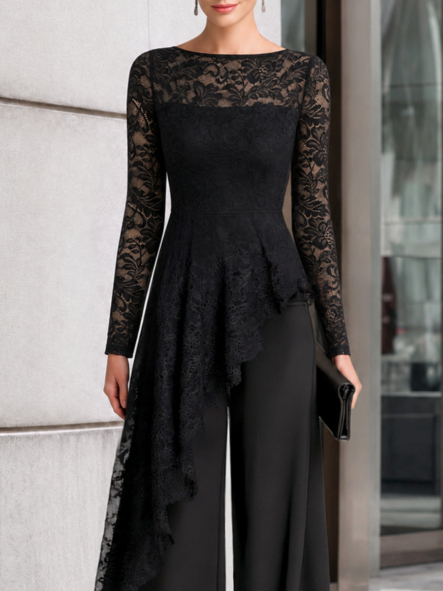Lace Overlay Asymmetric Wide-Leg Jumpsuit