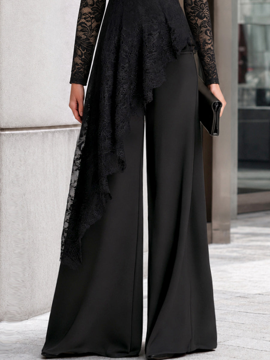 Lace Overlay Asymmetric Wide-Leg Jumpsuit