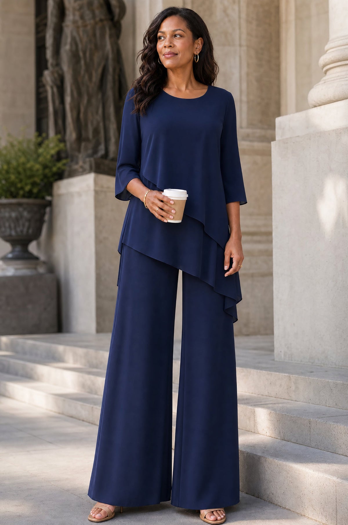 Asymmetric Layered Chiffon Tunic And Wide-Leg Pants Set