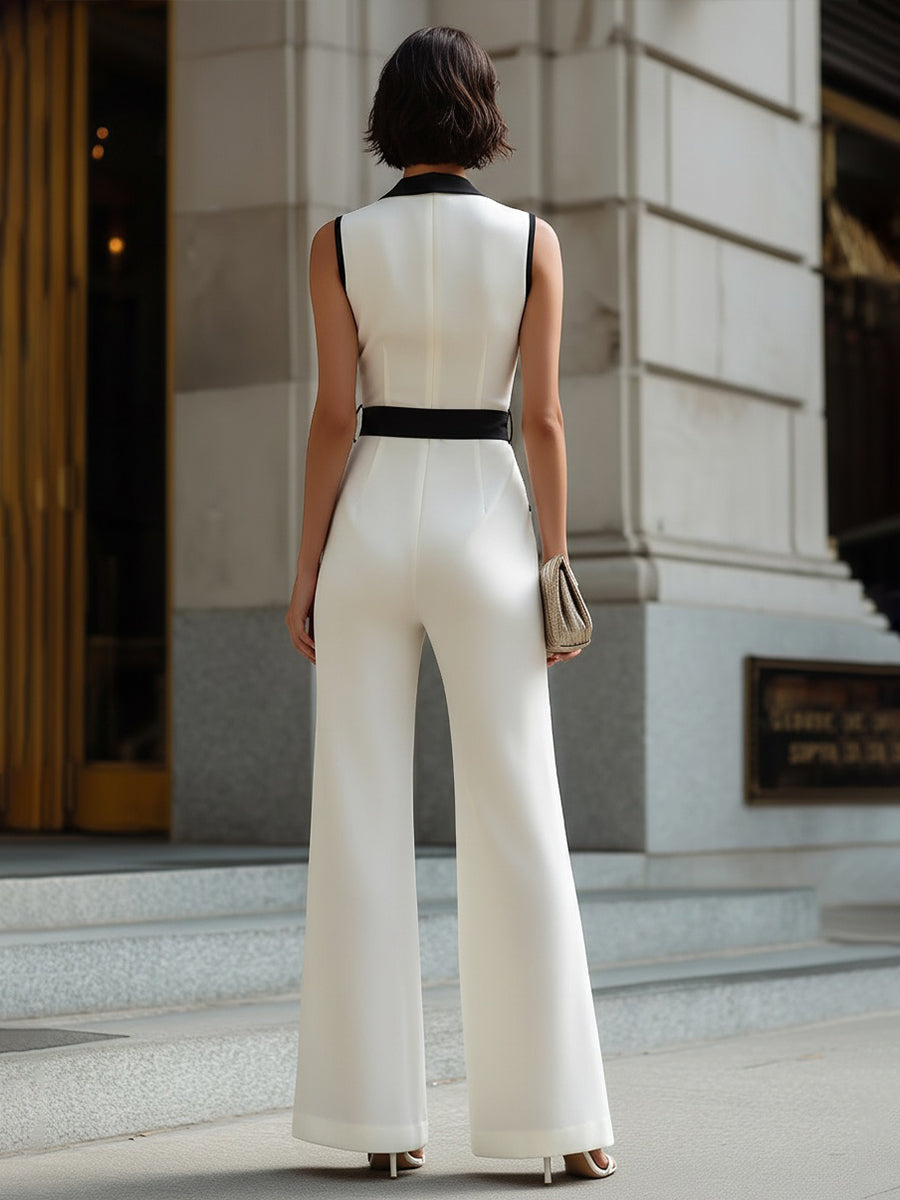 Contrast Trim Belted Wide-Leg Jumpsuit