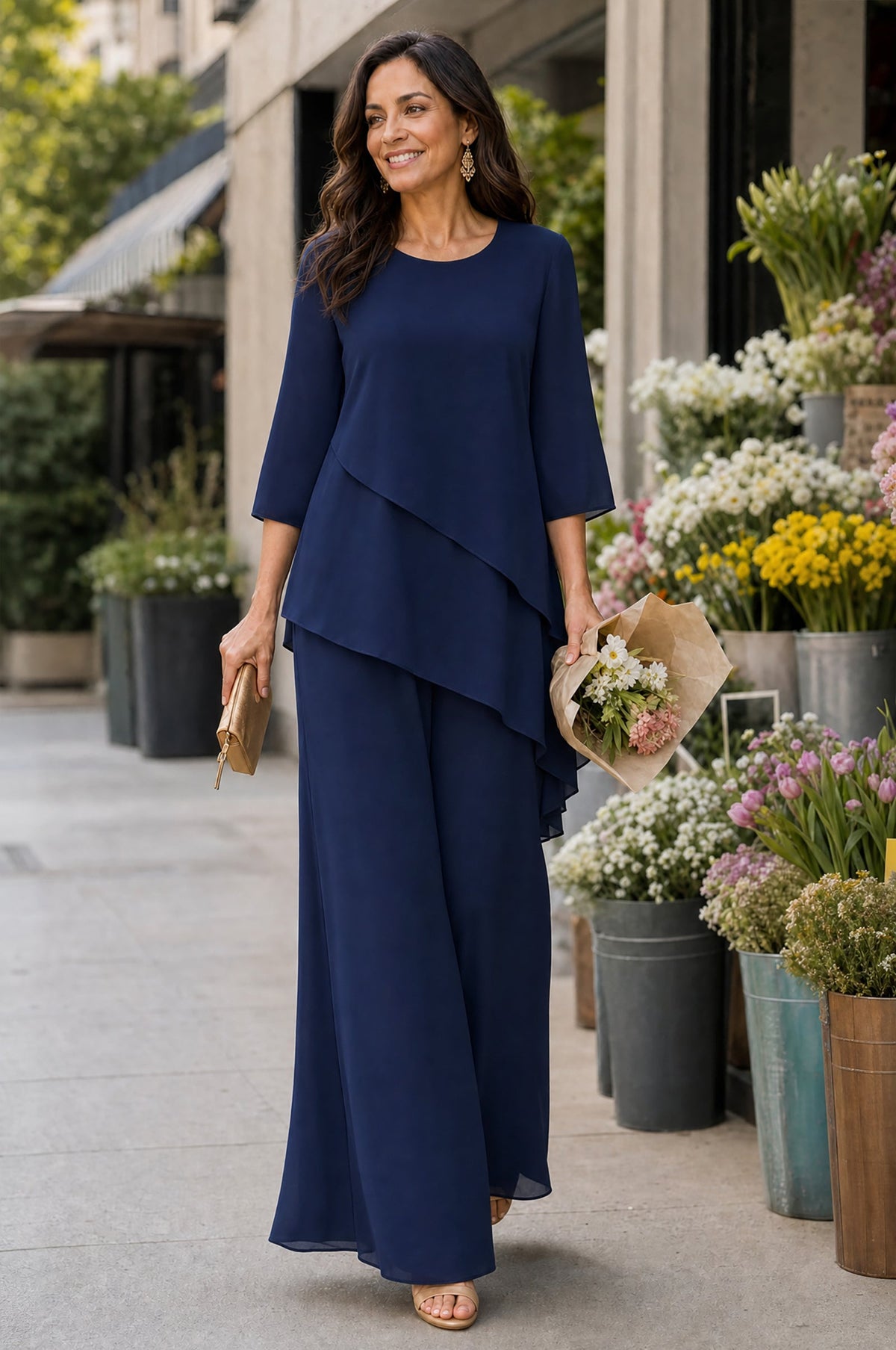 Asymmetric Layered Chiffon Tunic And Wide-Leg Pants Set