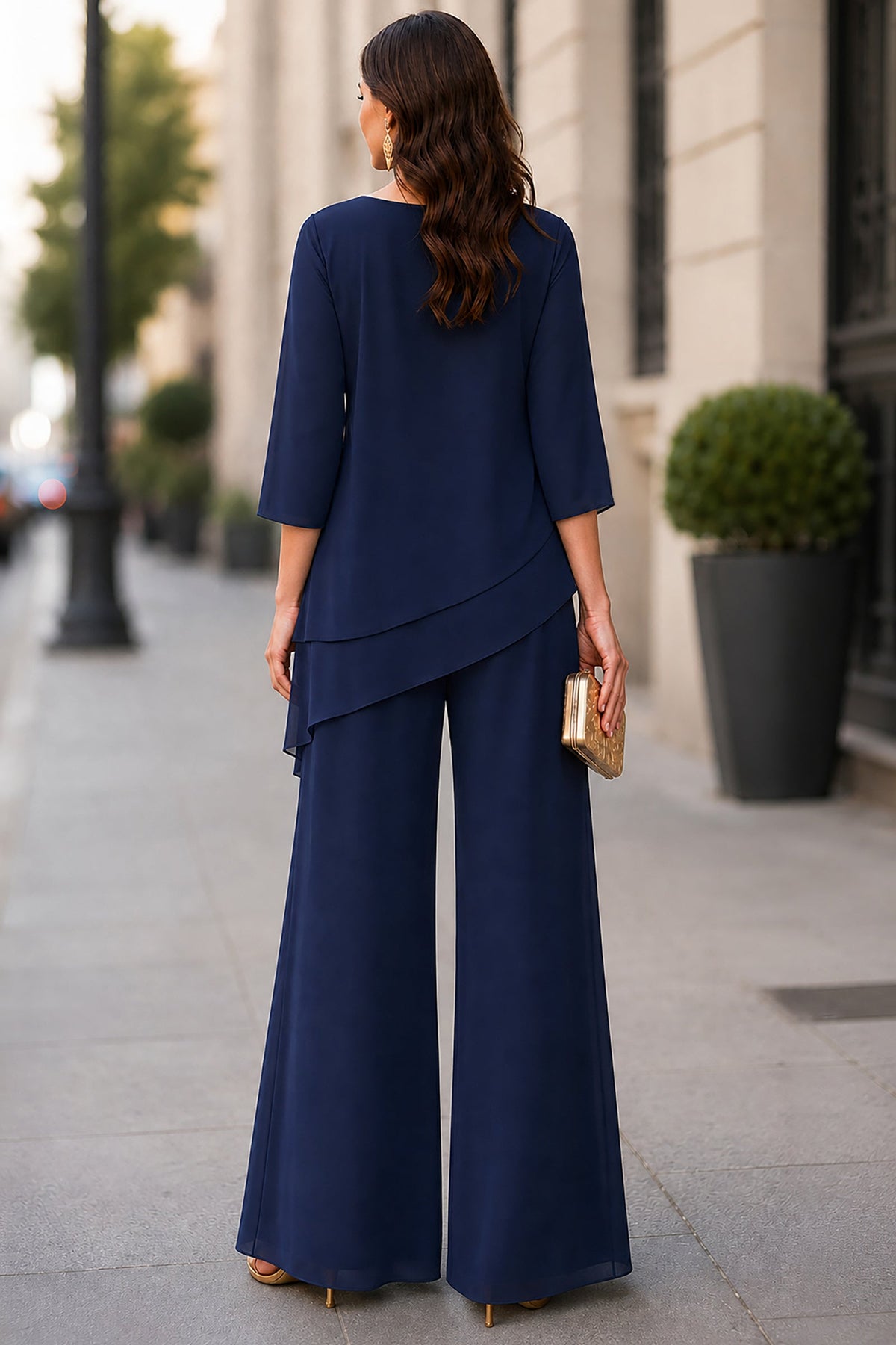 Asymmetric Layered Chiffon Tunic And Wide-Leg Pants Set