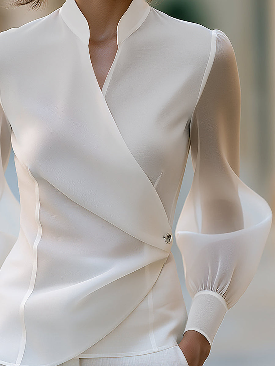 Mandarin Collar Wrap Front Sheer Sleeve Blouse