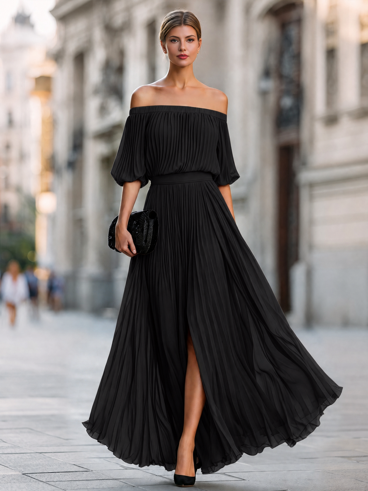 Off-Shoulder Pleated Chiffon Maxi Dress