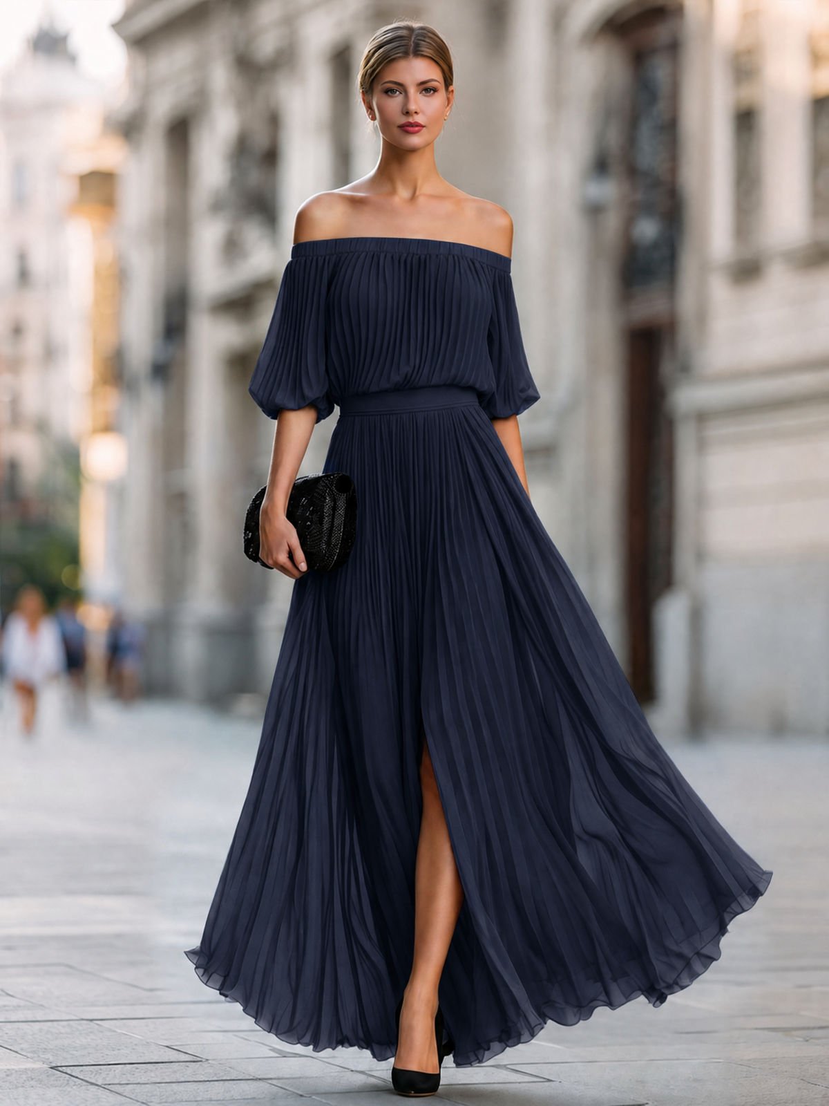 Off-Shoulder Pleated Chiffon Maxi Dress