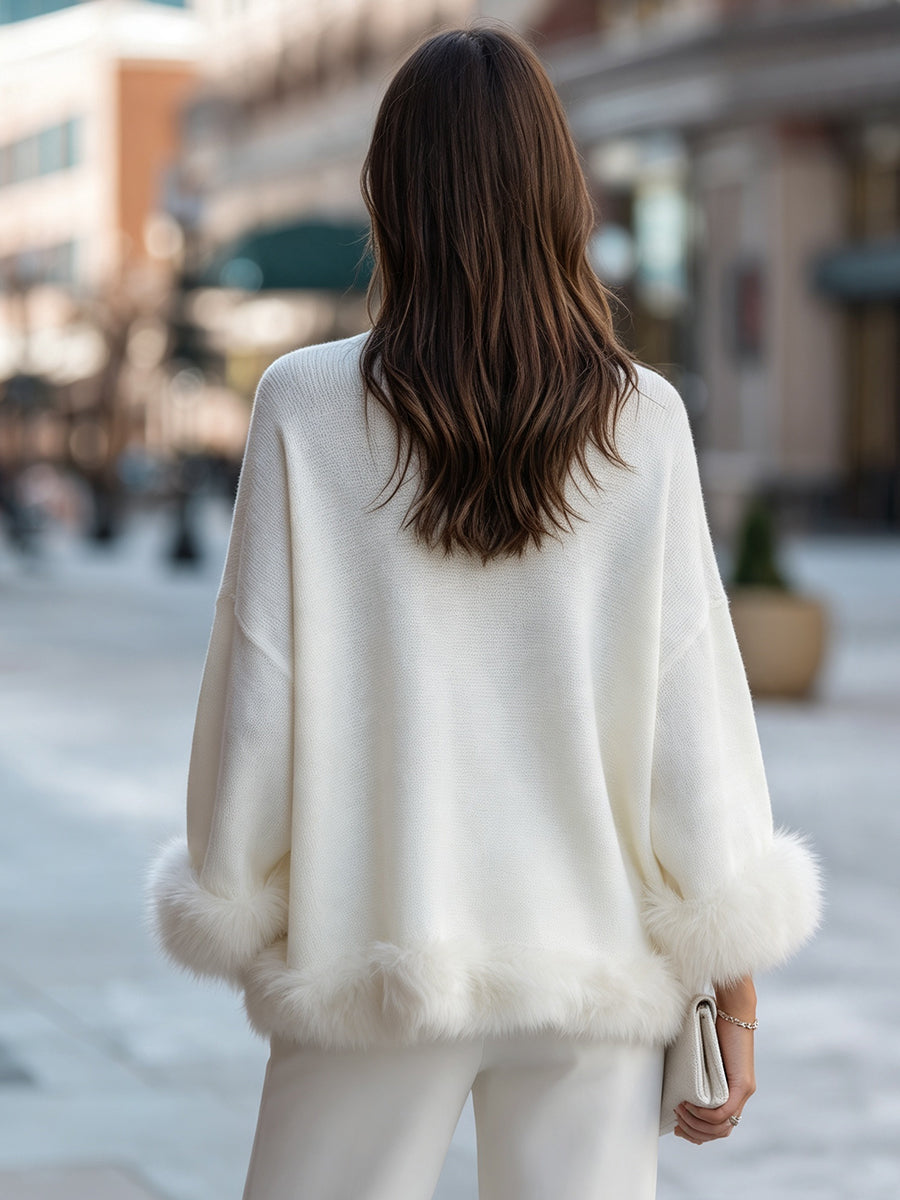 Elegant Faux Fur-Trimmed Knit Sweater