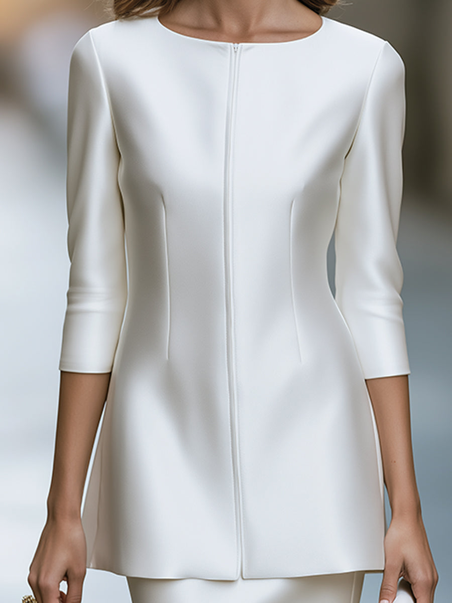 Elegant Zip Front Blazer Jacket And Pencil Skirt Set