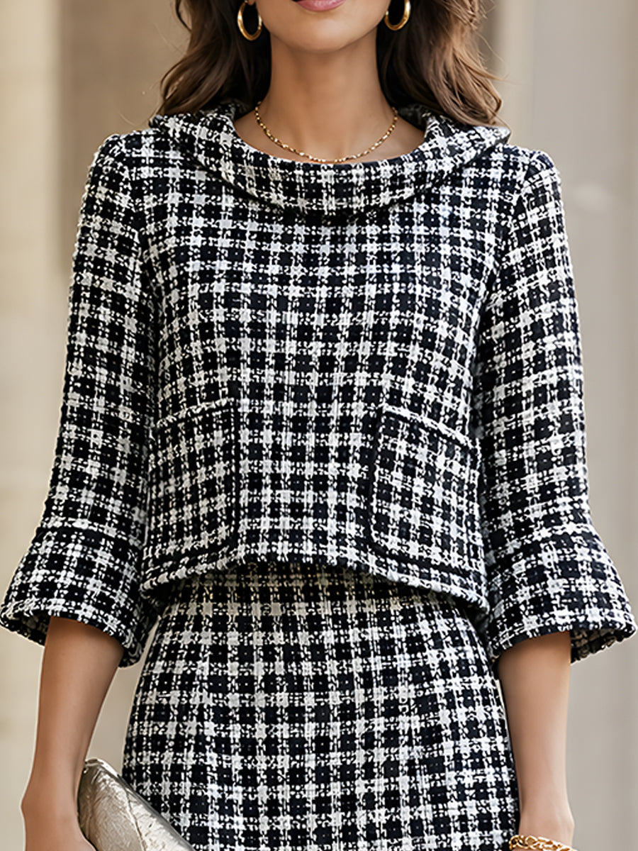 Elegant Black And White Tweed Two-Piece Skirt Set
