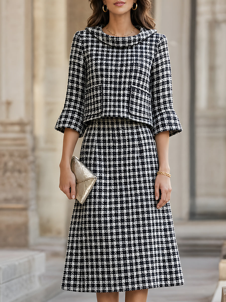 Elegant Black And White Tweed Two-Piece Skirt Set