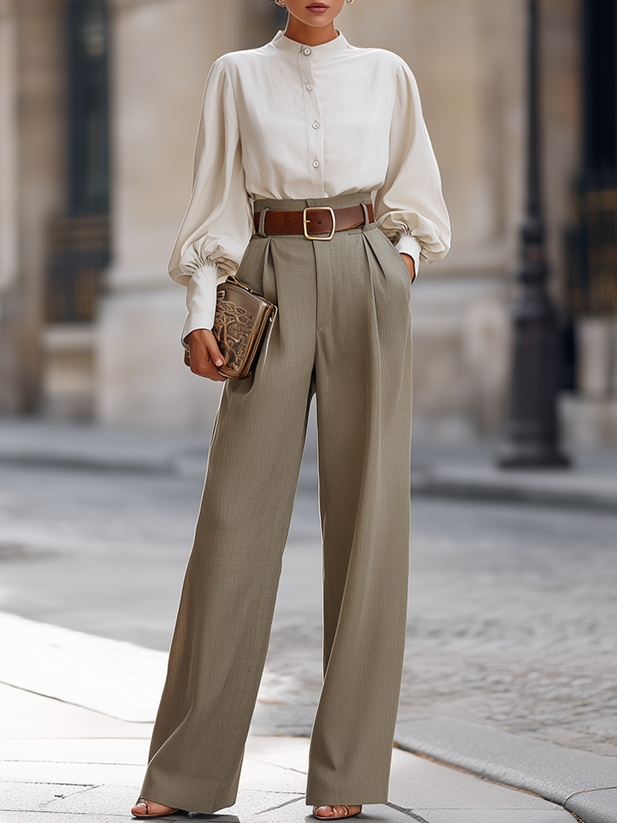 Stand-Collar Blouse And High-Waisted Wide-Leg Trousers Set