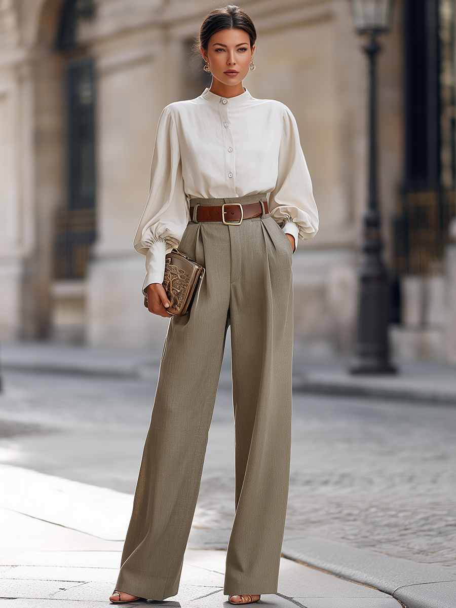 Stand-Collar Blouse And High-Waisted Wide-Leg Trousers Set