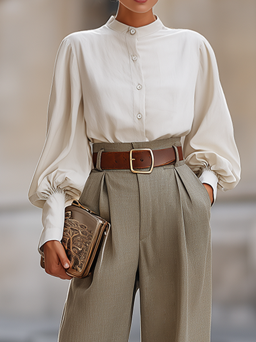 Stand-Collar Blouse And High-Waisted Wide-Leg Trousers Set