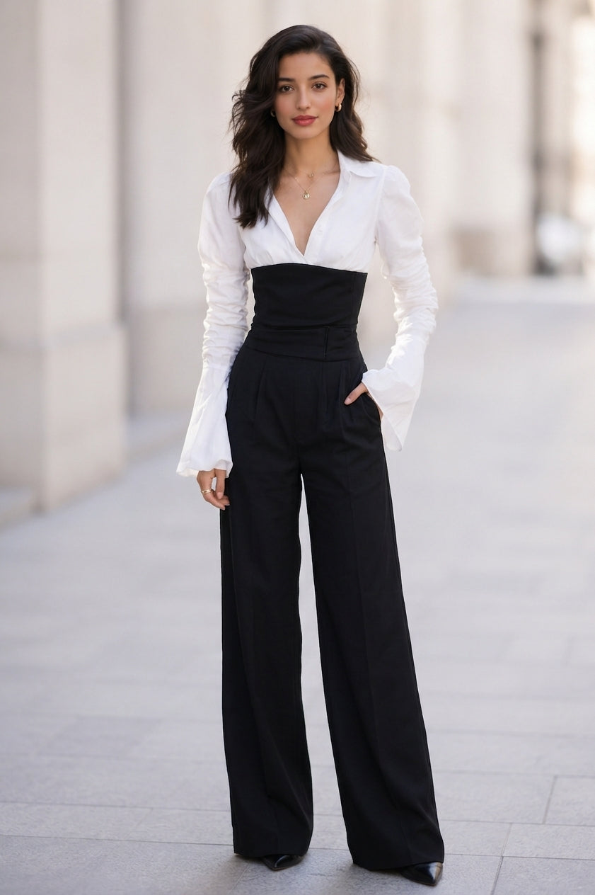 Women's Color-Block V-Neck Long-Sleeve Top and High-Waisted Wide-Leg Pants Set