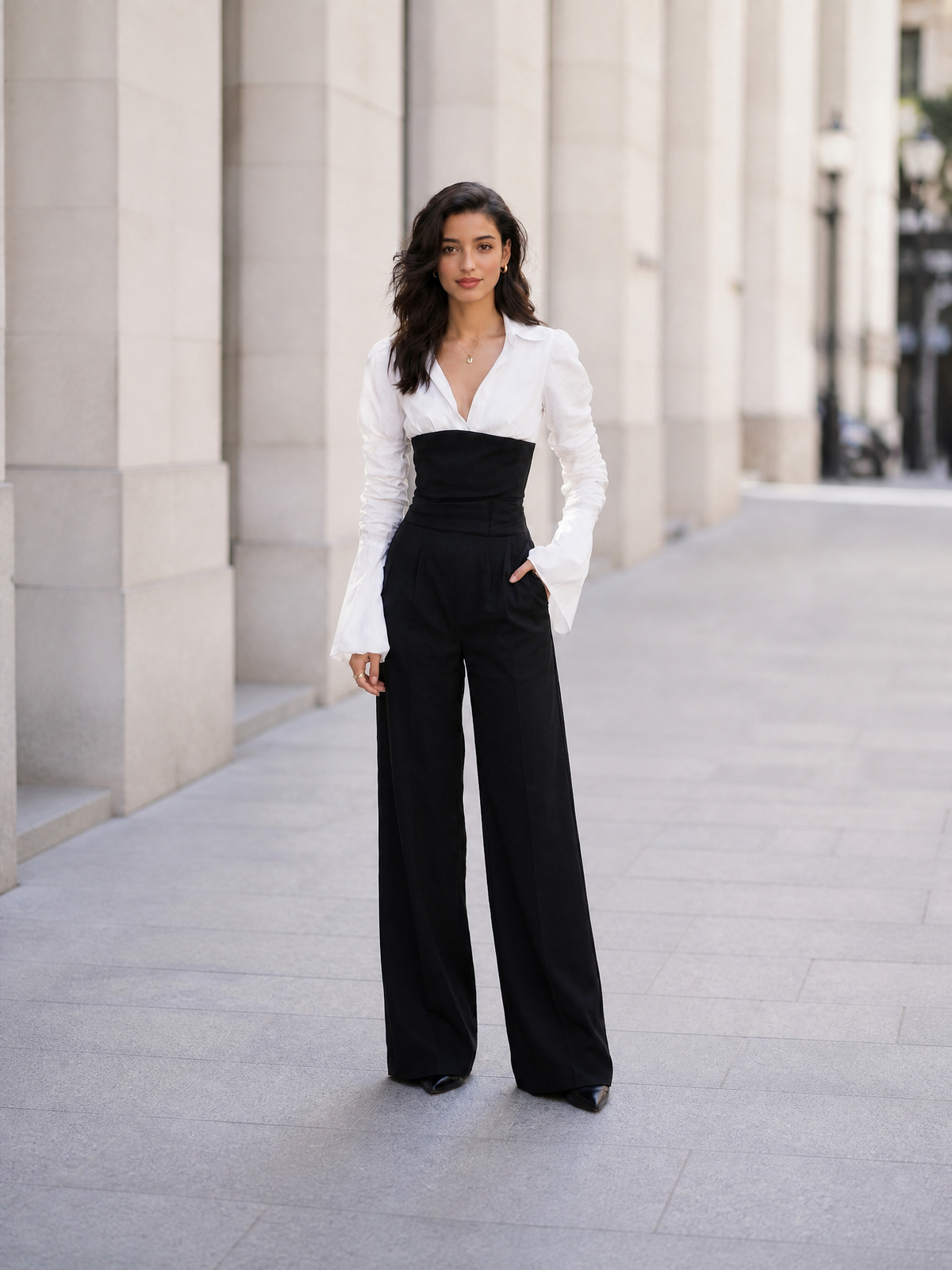 Women's Color-Block V-Neck Long-Sleeve Top and High-Waisted Wide-Leg Pants Set