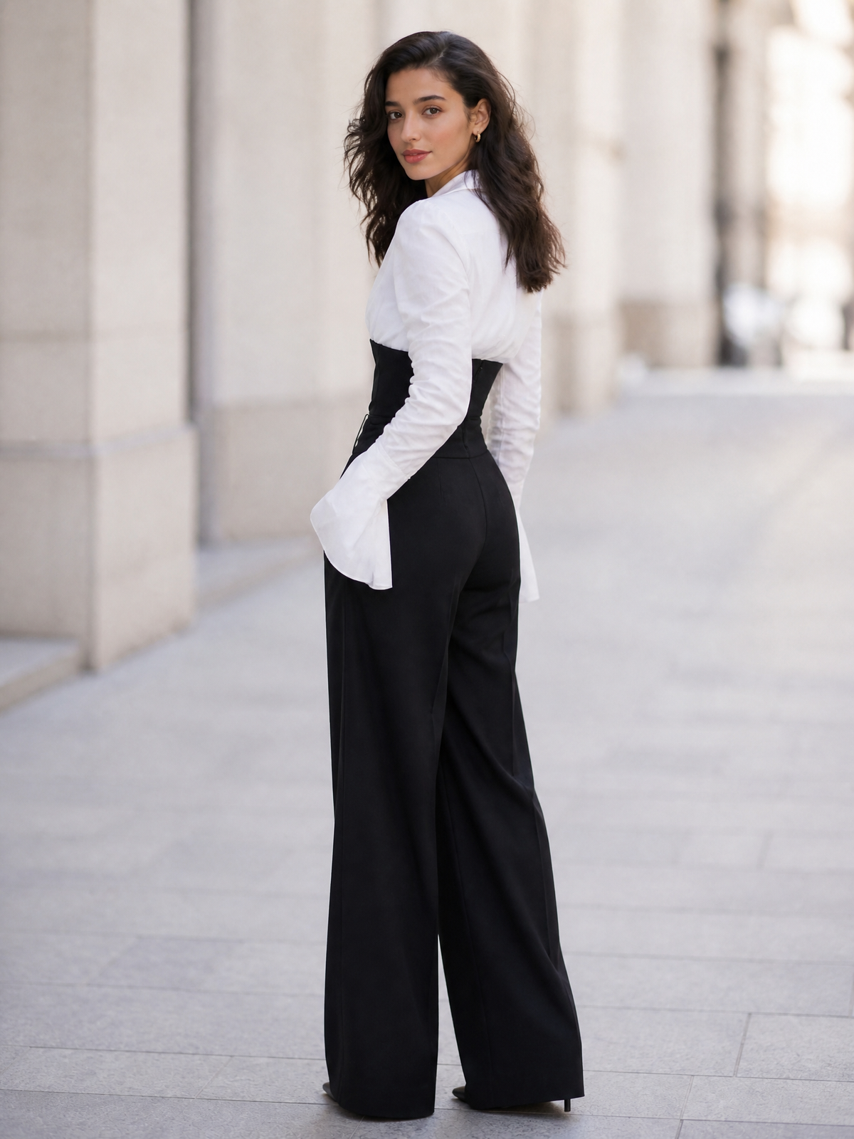 Women's Color-Block V-Neck Long-Sleeve Top and High-Waisted Wide-Leg Pants Set