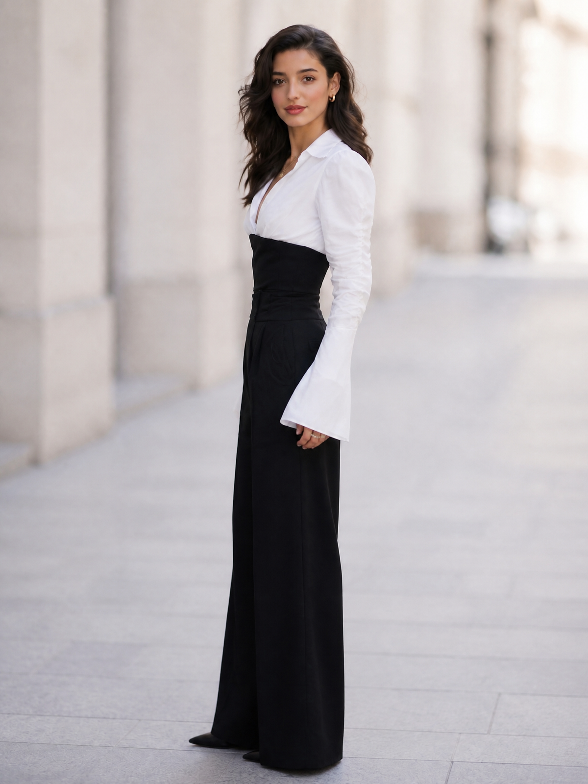Women's Color-Block V-Neck Long-Sleeve Top and High-Waisted Wide-Leg Pants Set