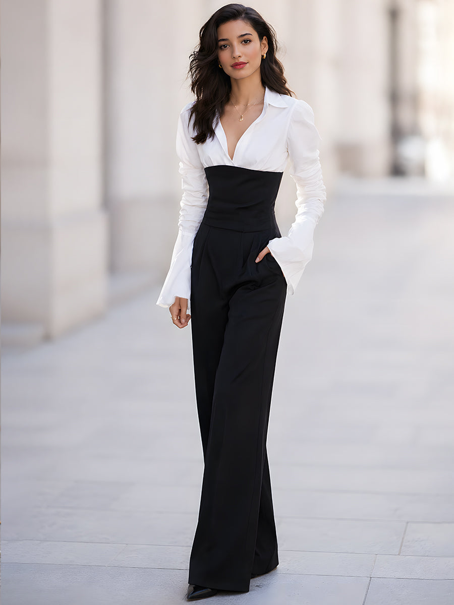 Women's Color-Block V-Neck Long-Sleeve Top and High-Waisted Wide-Leg Pants Set