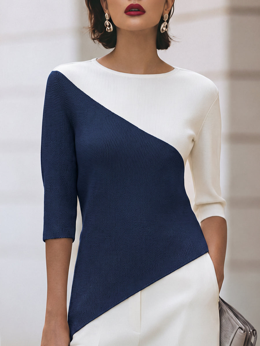 Asymmetric Color-Block 3/4 Sleeve Knit Top