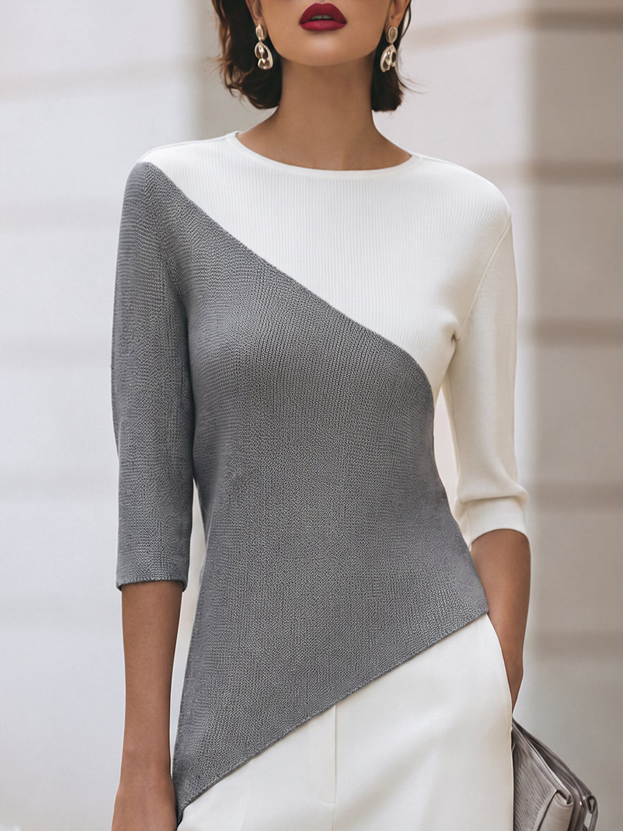 Asymmetric Color-Block 3/4 Sleeve Knit Top