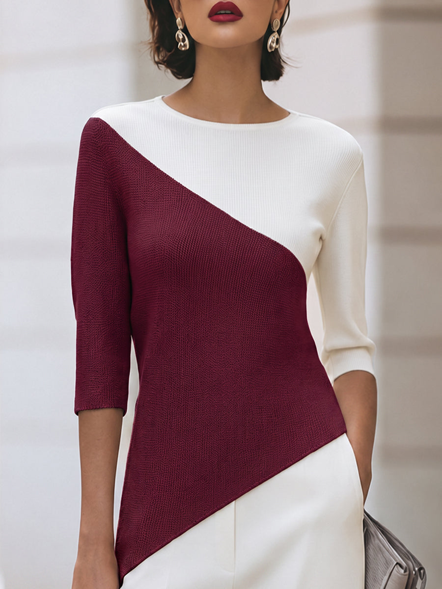 Asymmetric Color-Block 3/4 Sleeve Knit Top
