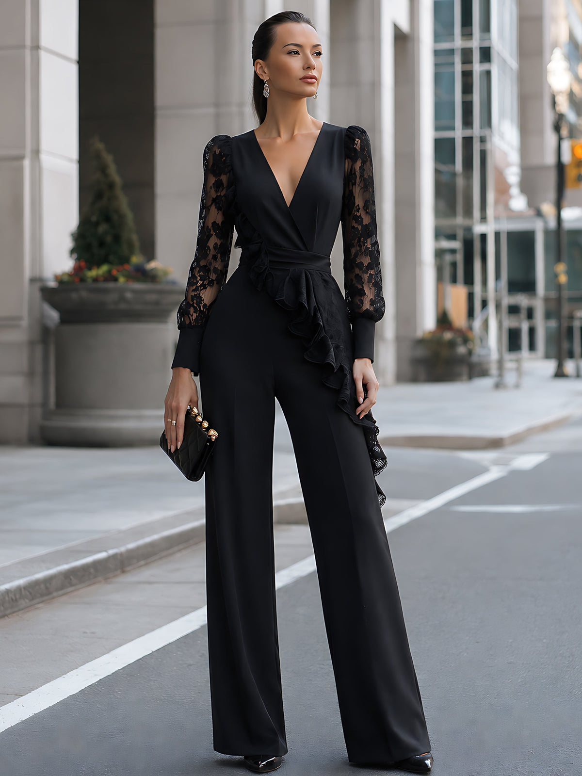 Lace-Sleeve Ruffle Wide-Leg Jumpsuit