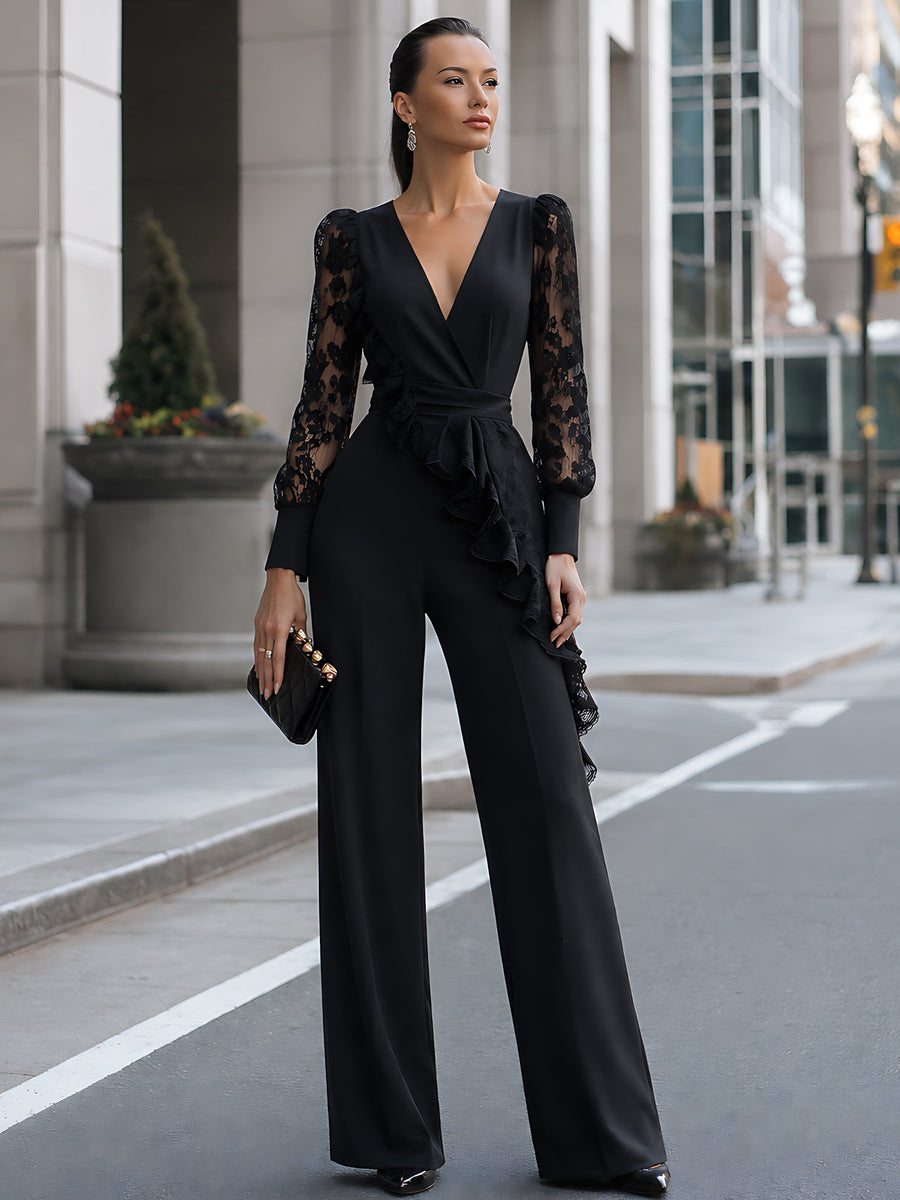 Lace-Sleeve Ruffle Wide-Leg Jumpsuit