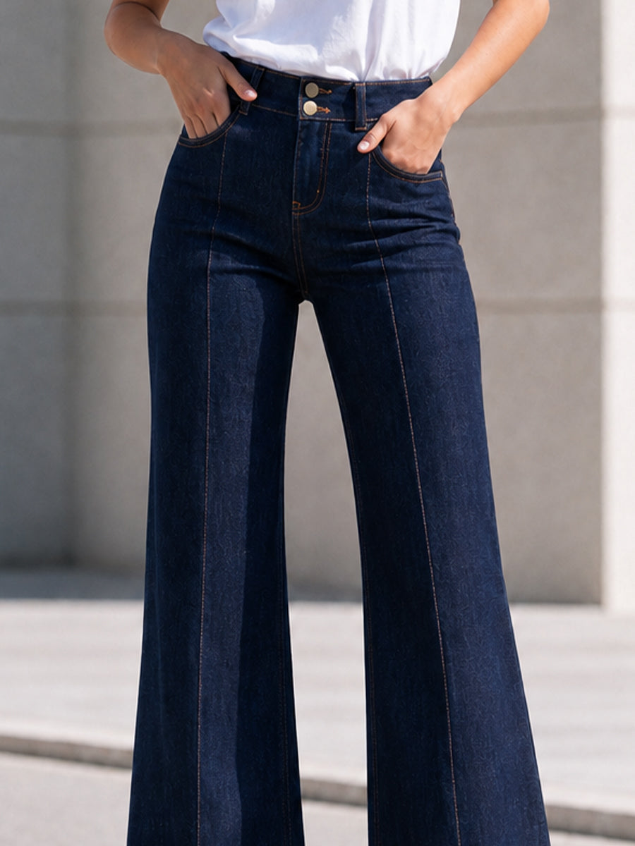 High Waist Double Button Dark Wash Flare Jeans