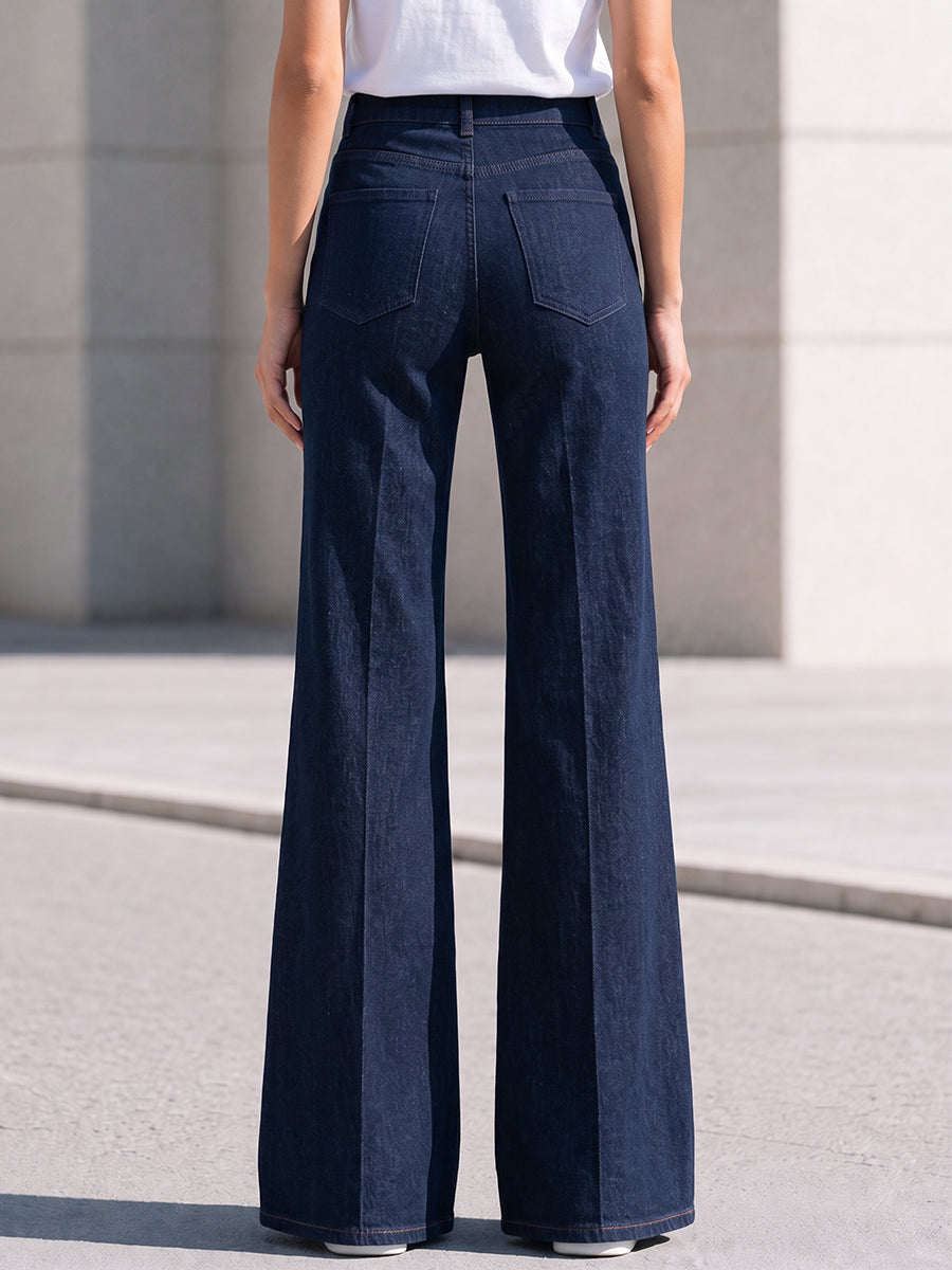 High Waist Double Button Dark Wash Flare Jeans