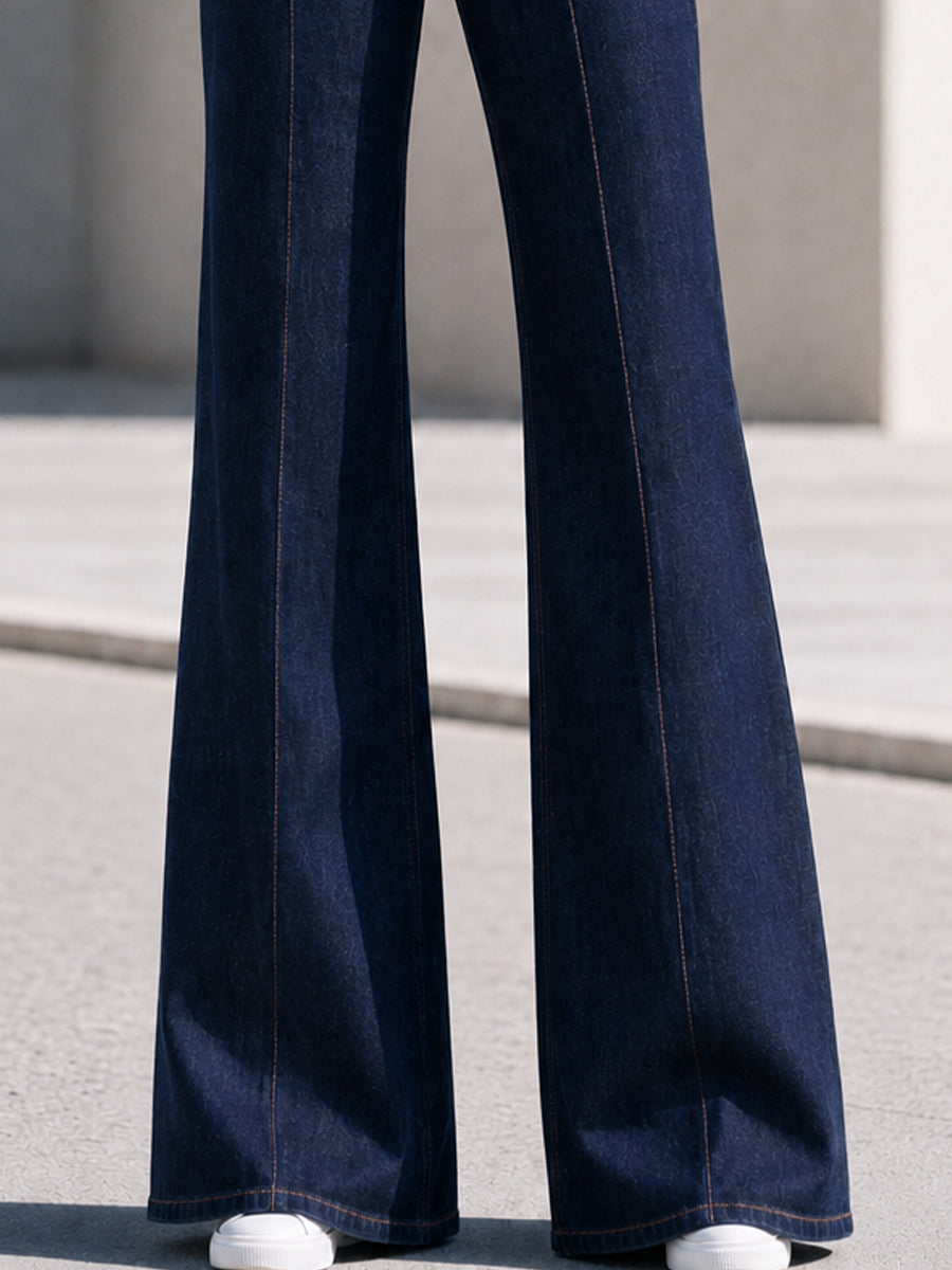 High Waist Double Button Dark Wash Flare Jeans