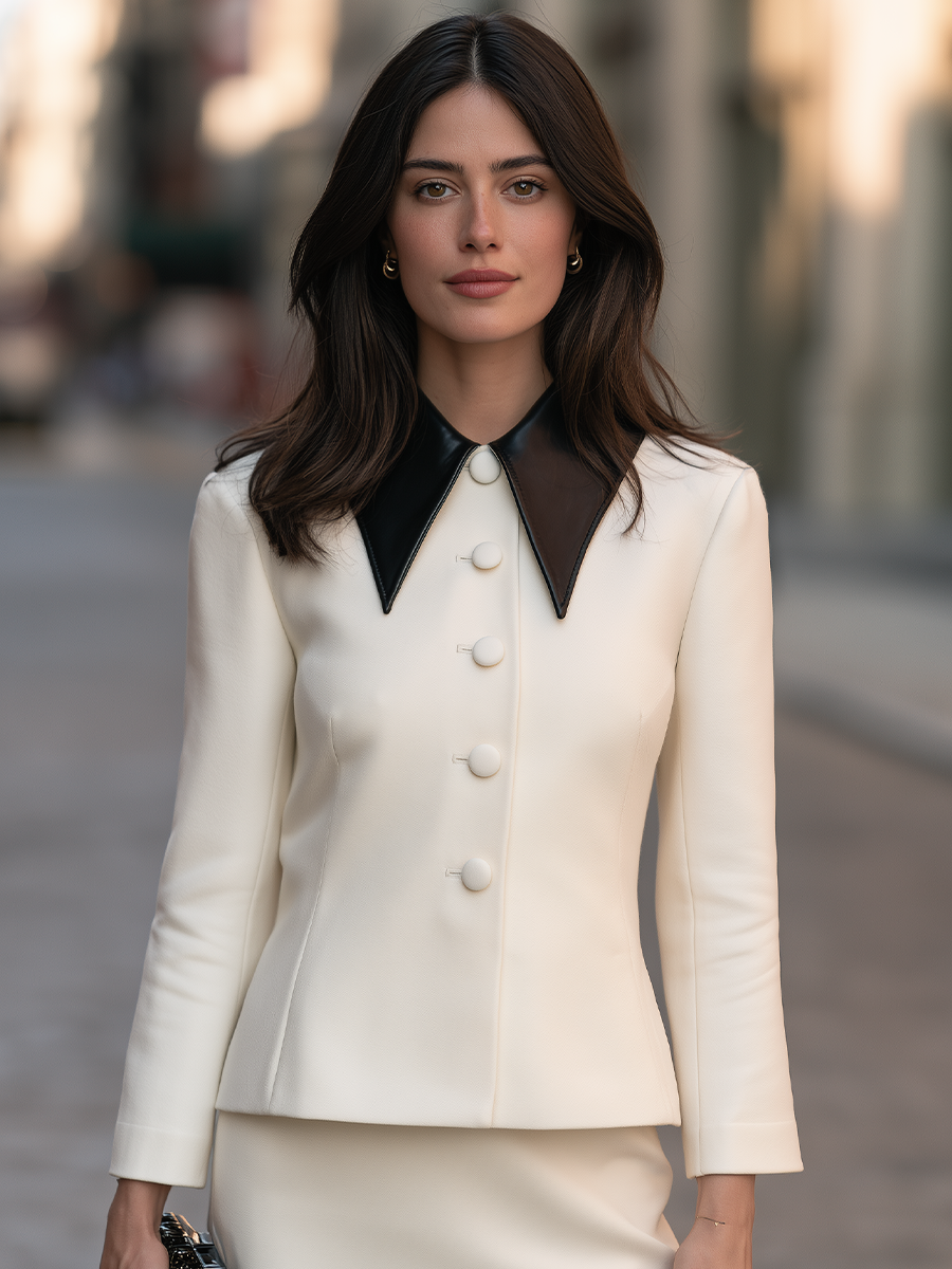 Contrast-Lapel Button-Front Tailored Jacket