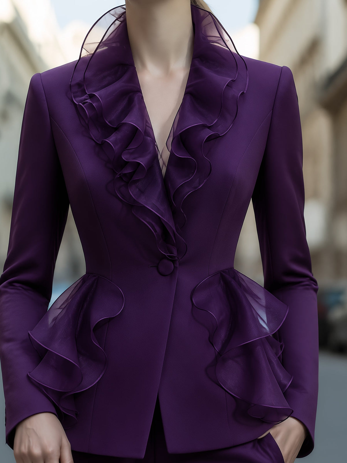 Organza Ruffle-Collar Tailored Blazer