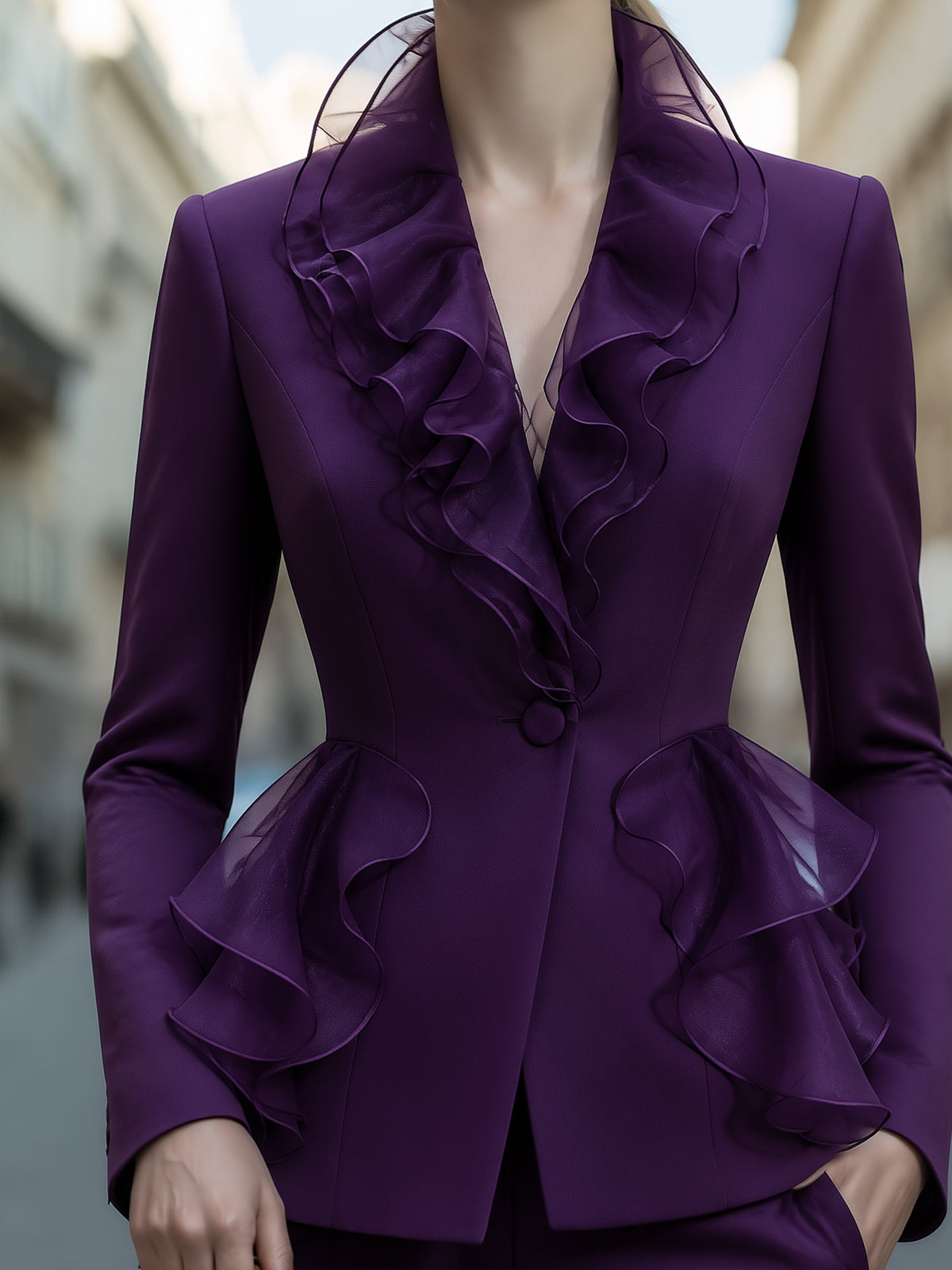 Organza Ruffle-Collar Tailored Blazer