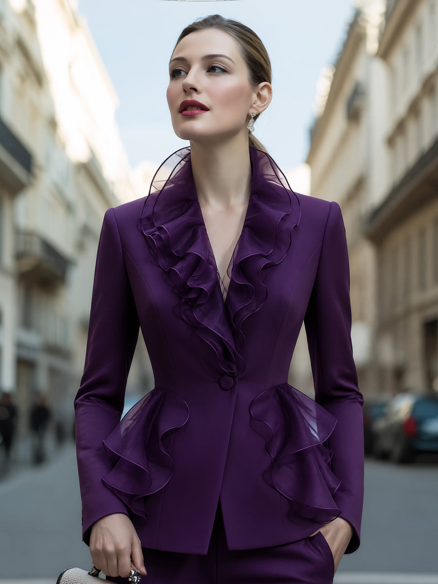 Organza Ruffle-Collar Tailored Blazer