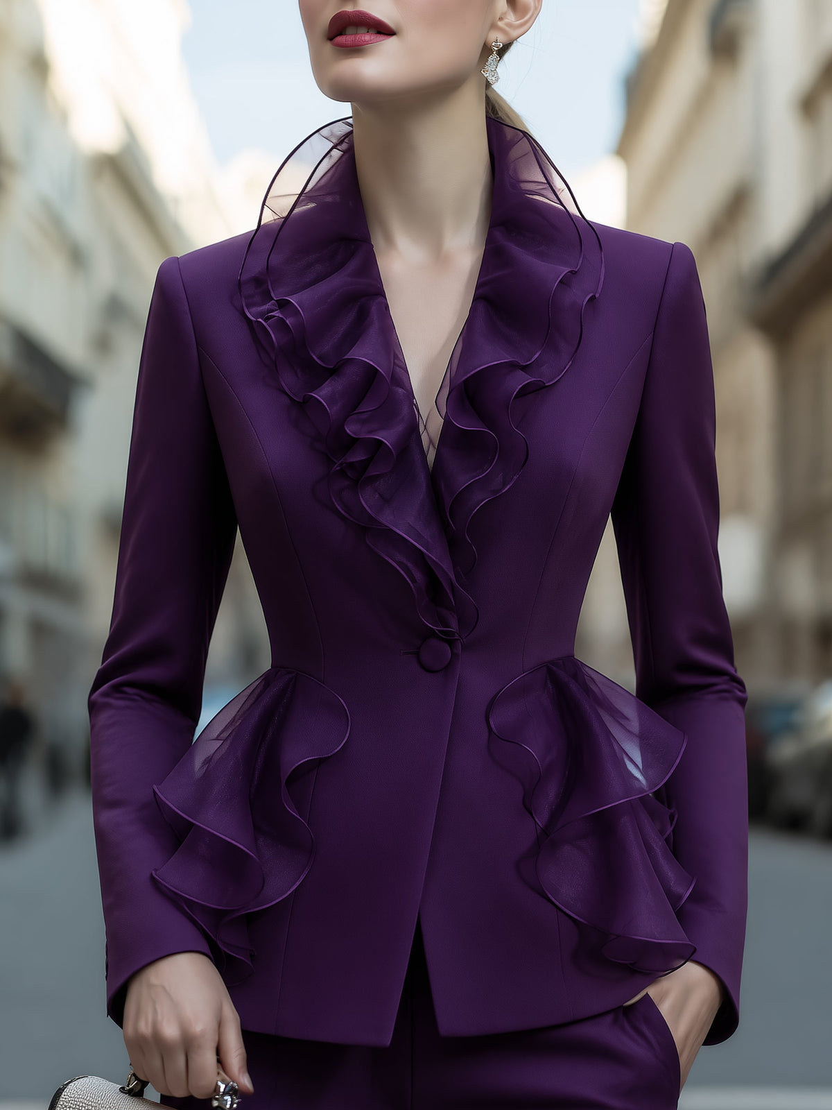 Organza Ruffle-Collar Tailored Blazer