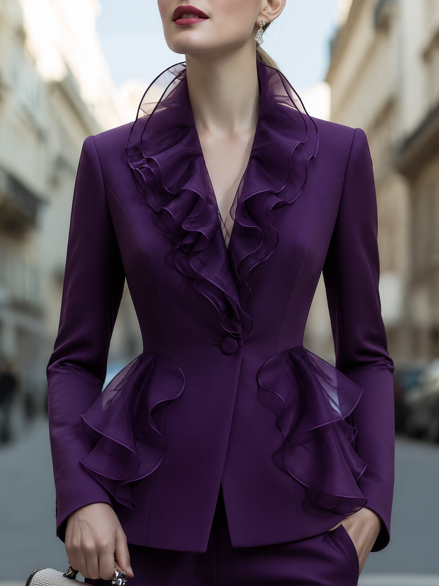 Organza Ruffle-Collar Tailored Blazer