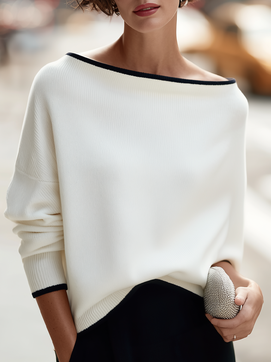 Contrast-Trim Boat-Neck Dolman Sleeve Oversized Knit Sweater