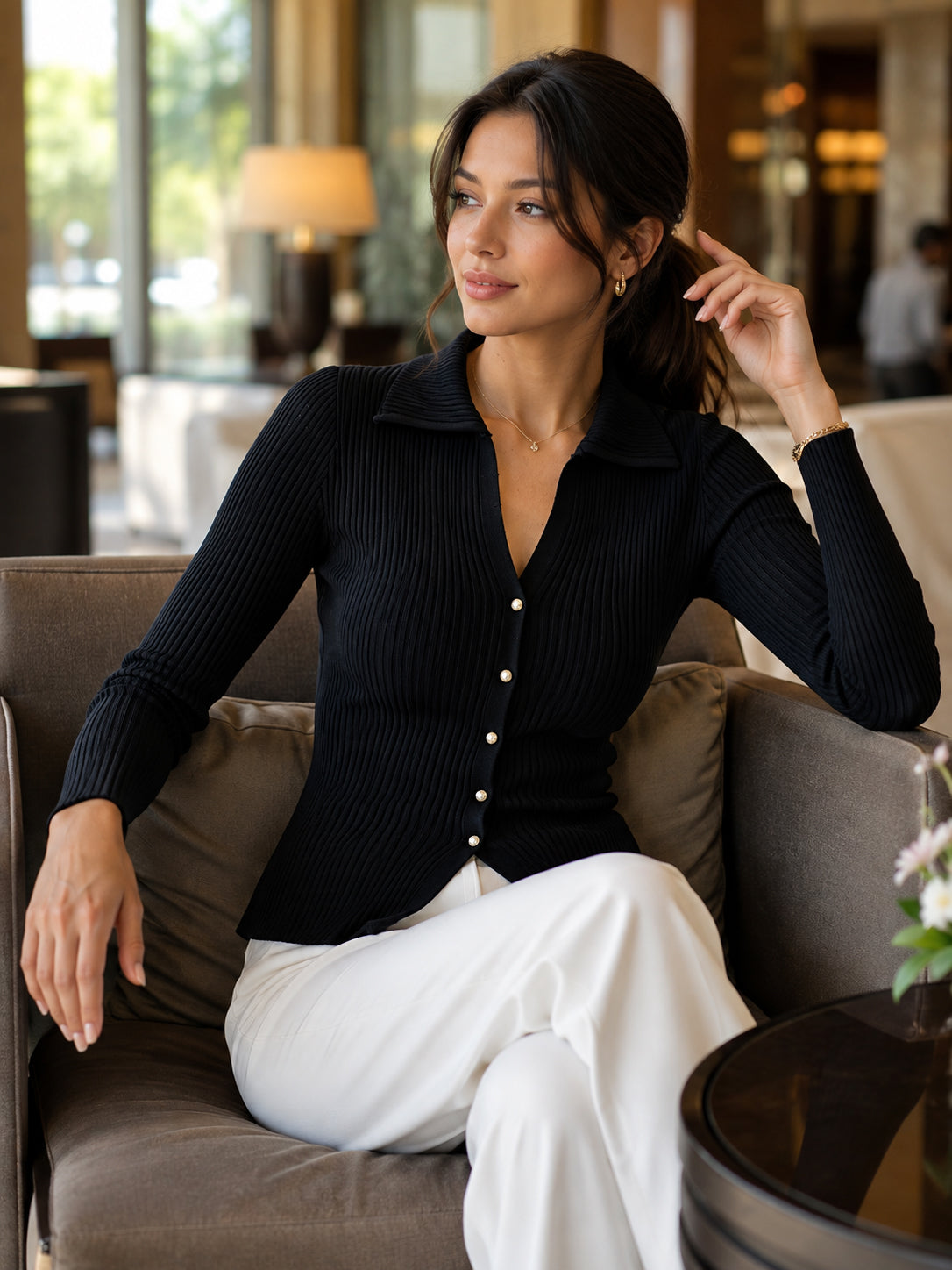 Faux-Button Polo V-Neck Ribbed Knit Sweater