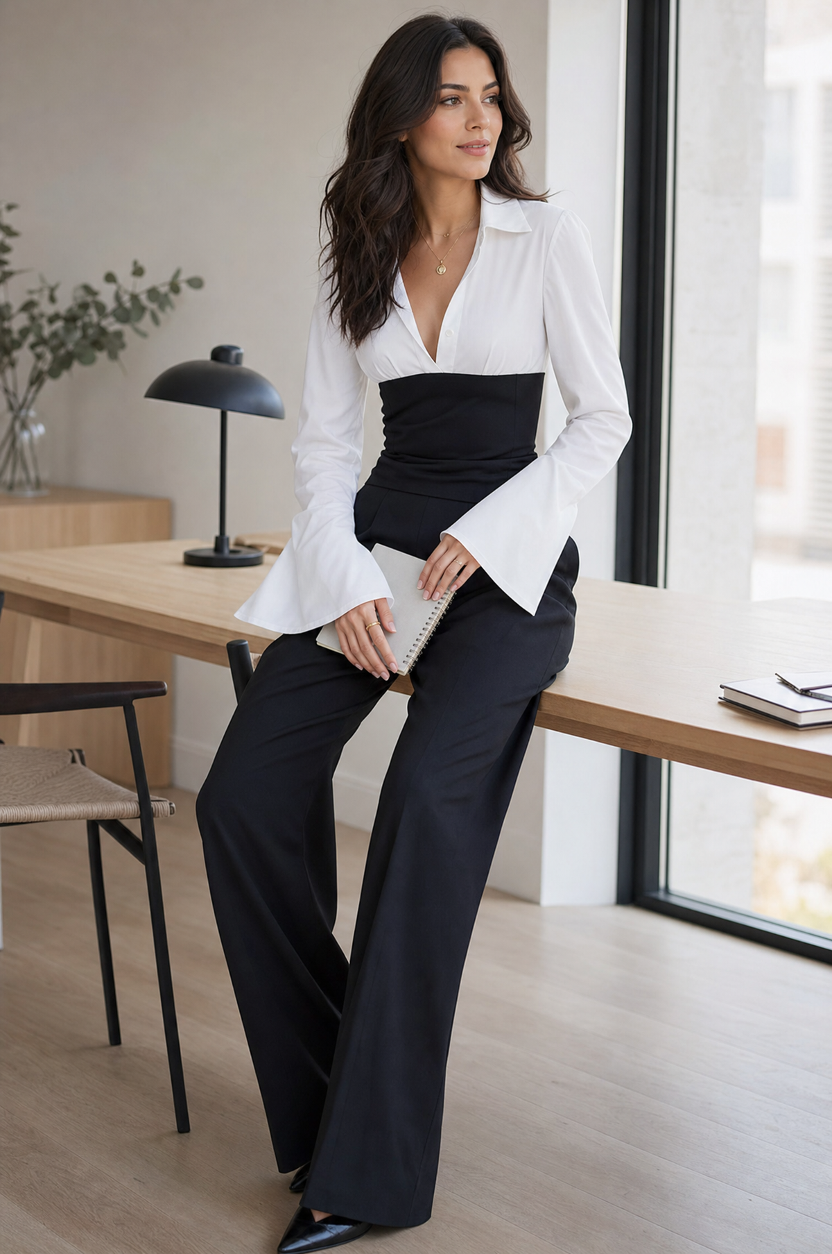 Women's Color-Block V-Neck Long-Sleeve Top and High-Waisted Wide-Leg Pants Set
