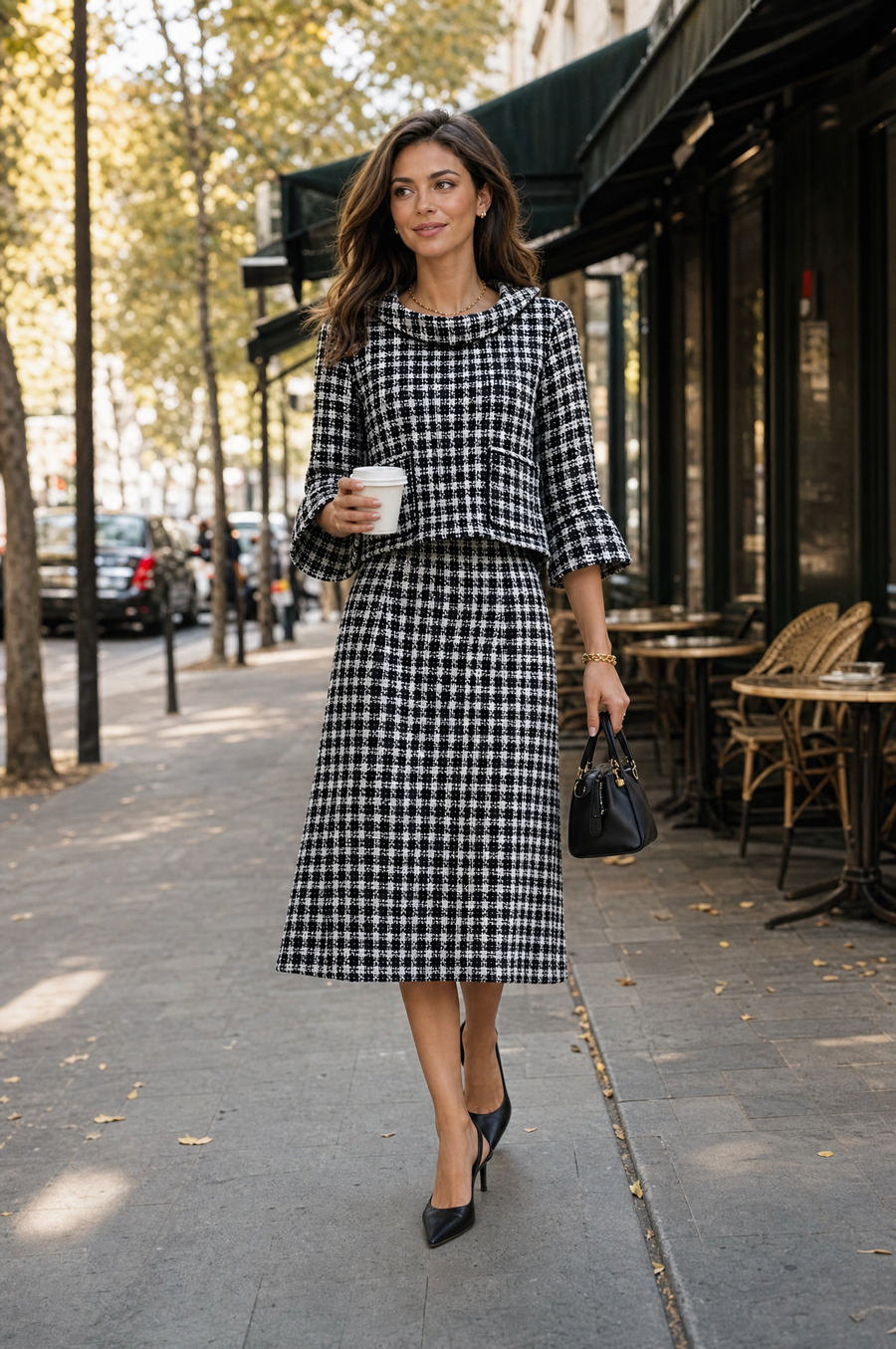 Elegant Black And White Tweed Two-Piece Skirt Set
