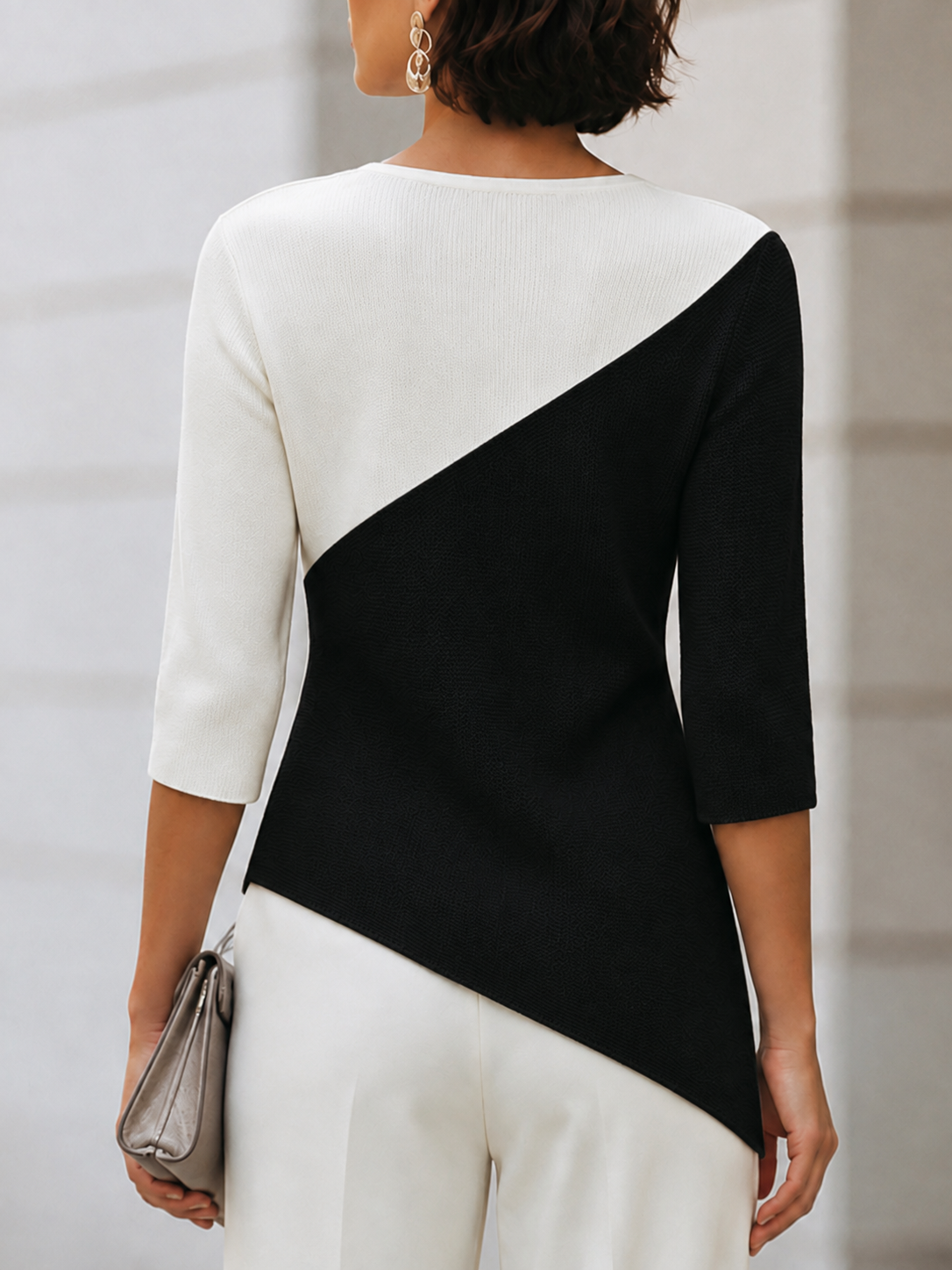 Asymmetric Color-Block 3/4 Sleeve Knit Top