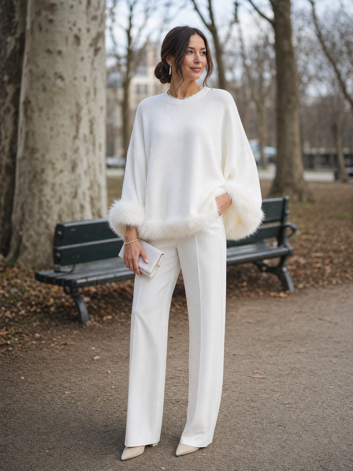 Elegant Faux Fur-Trimmed Knit Sweater