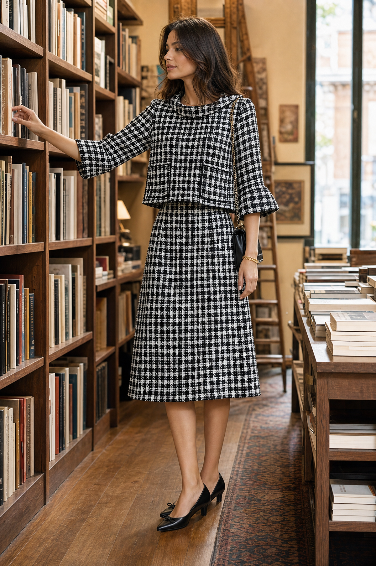 Elegant Black And White Tweed Two-Piece Skirt Set