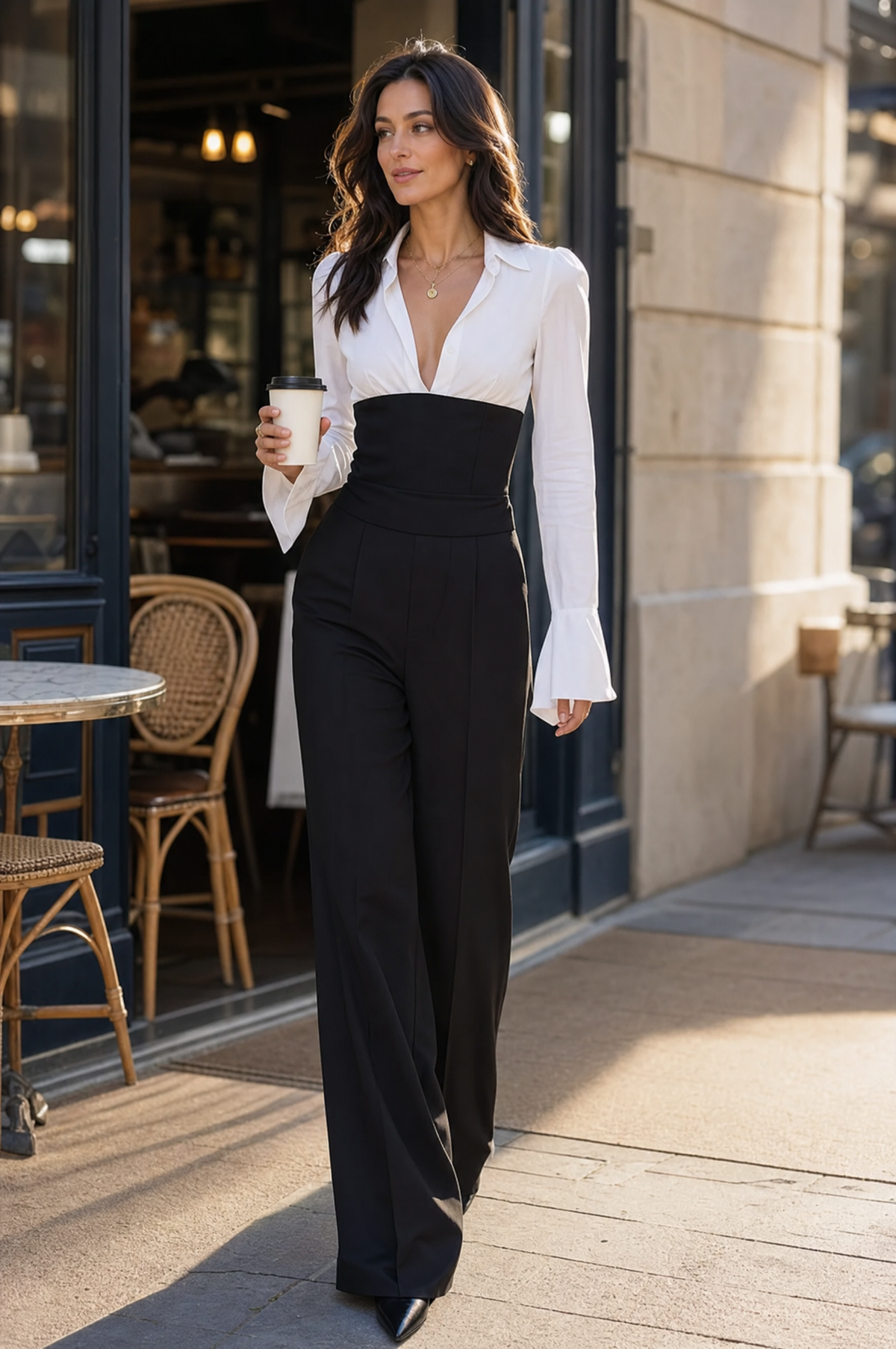 Women's Color-Block V-Neck Long-Sleeve Top and High-Waisted Wide-Leg Pants Set