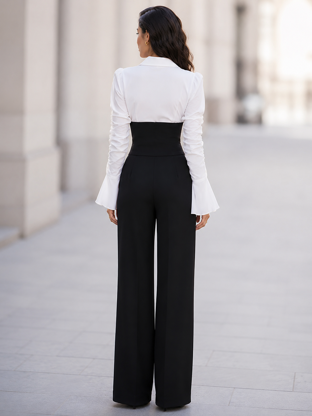 Women's Color-Block V-Neck Long-Sleeve Top and High-Waisted Wide-Leg Pants Set