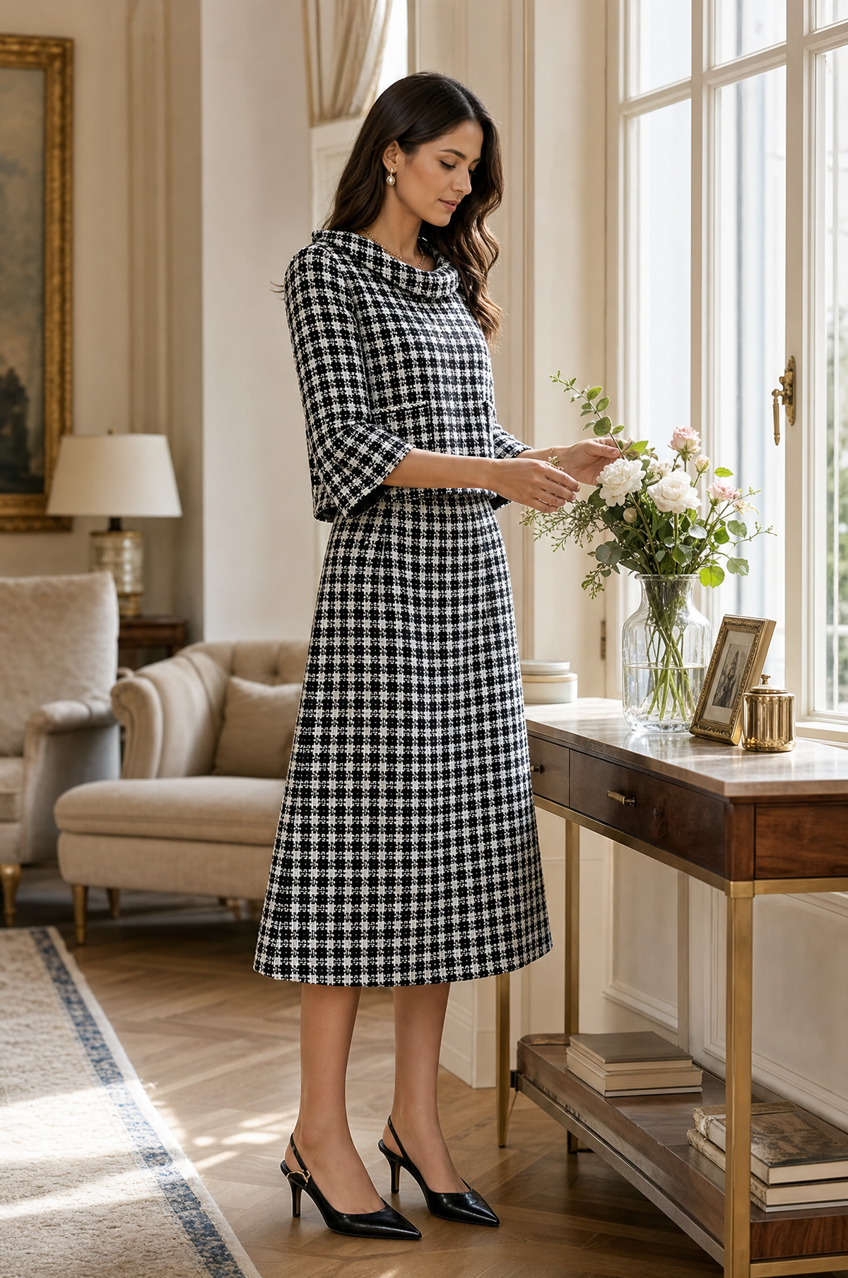 Elegant Black And White Tweed Two-Piece Skirt Set
