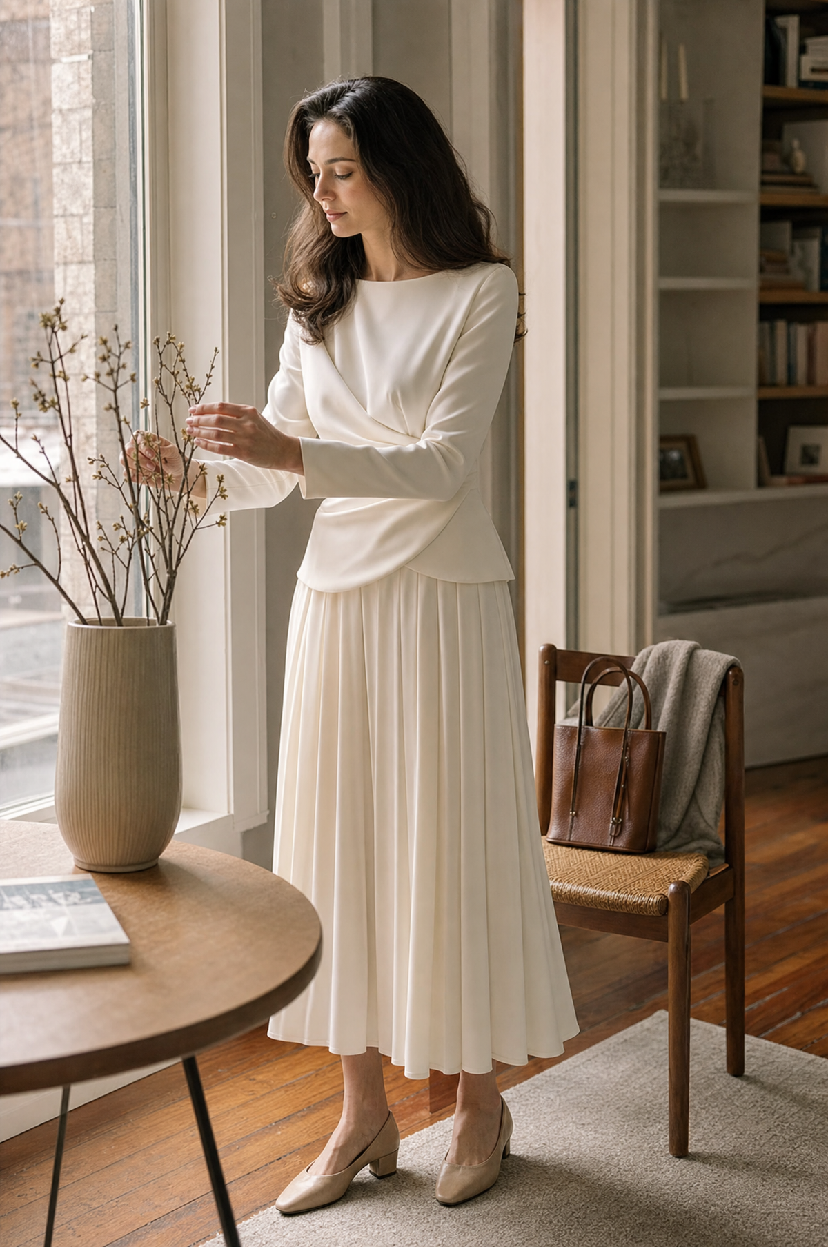 Ivory Draped Twist Front Long Sleeve Top