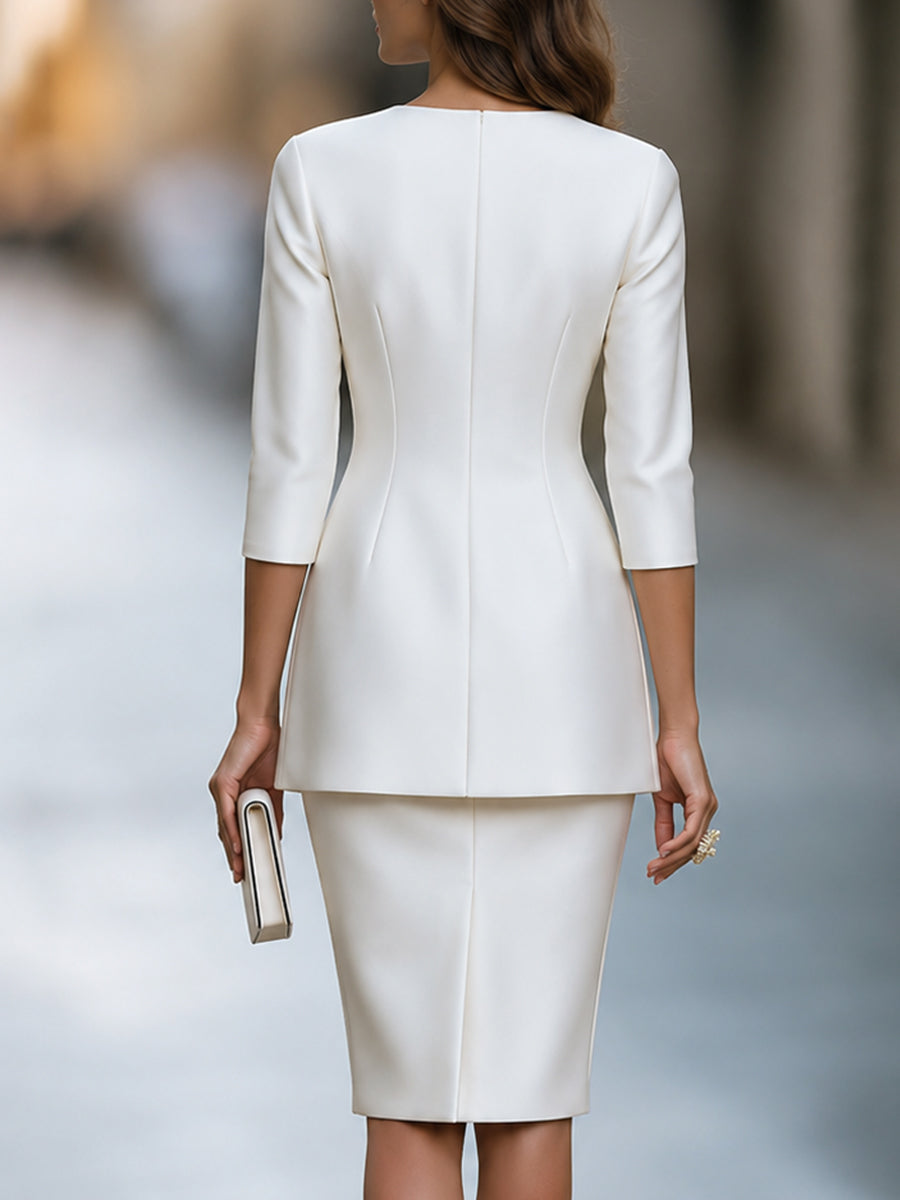 Elegant Zip Front Blazer Jacket And Pencil Skirt Set