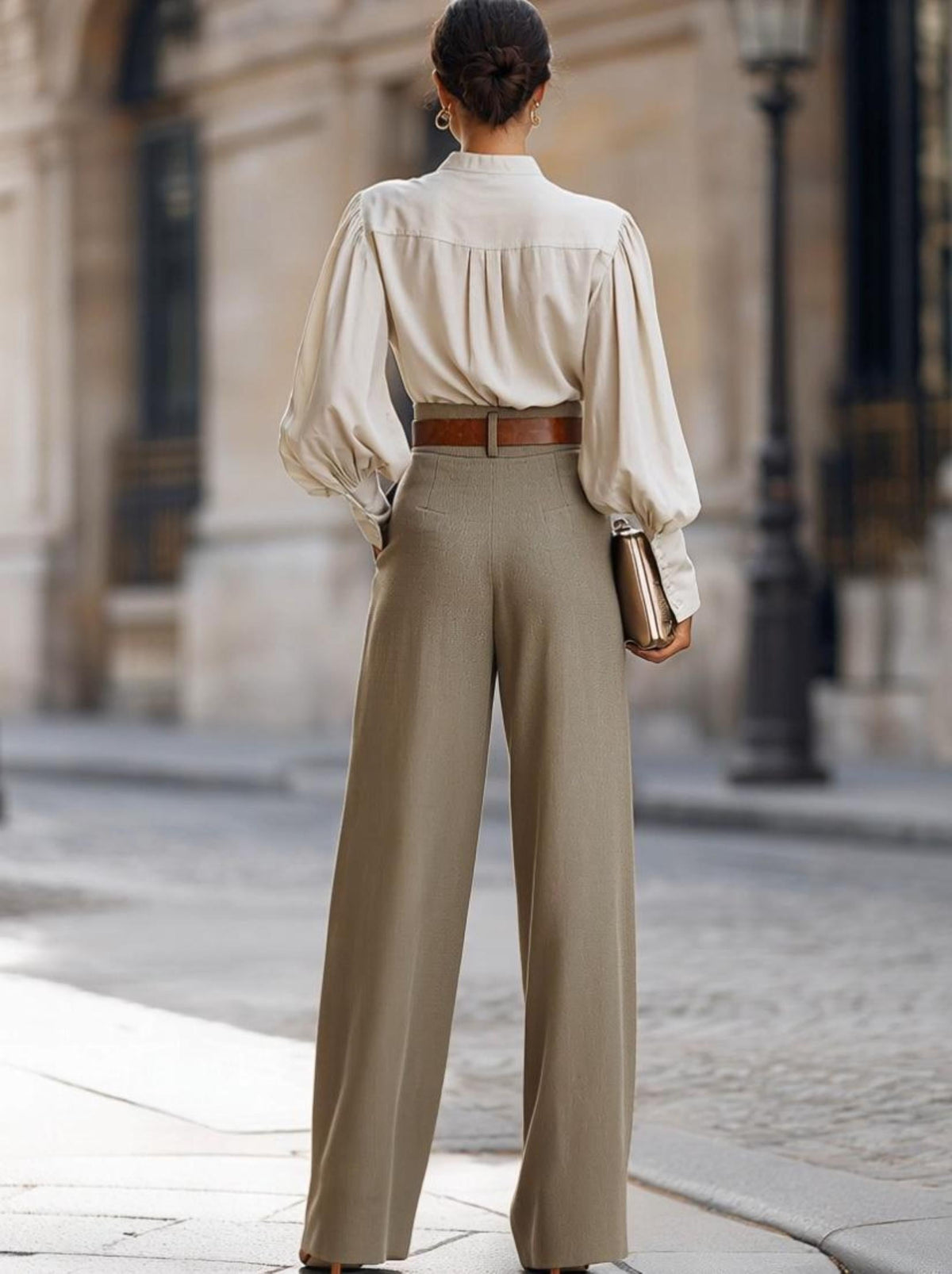 Stand-Collar Blouse And High-Waisted Wide-Leg Trousers Set