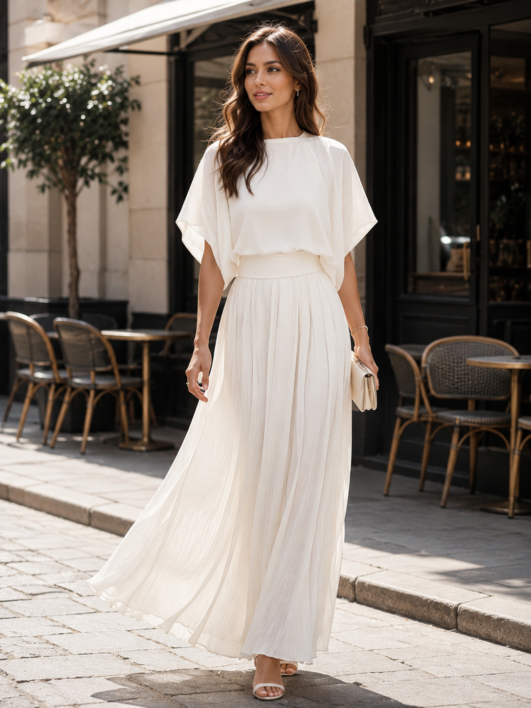 Pleated Shawl-Sleeve High-Waisted Flowy Maxi Dress Set